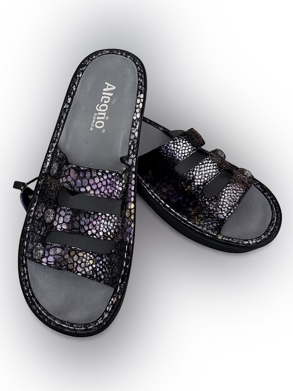 Alegria Multi Color 3-Strap Iridescent Slide Sandals. Size 10. New-w/out box.